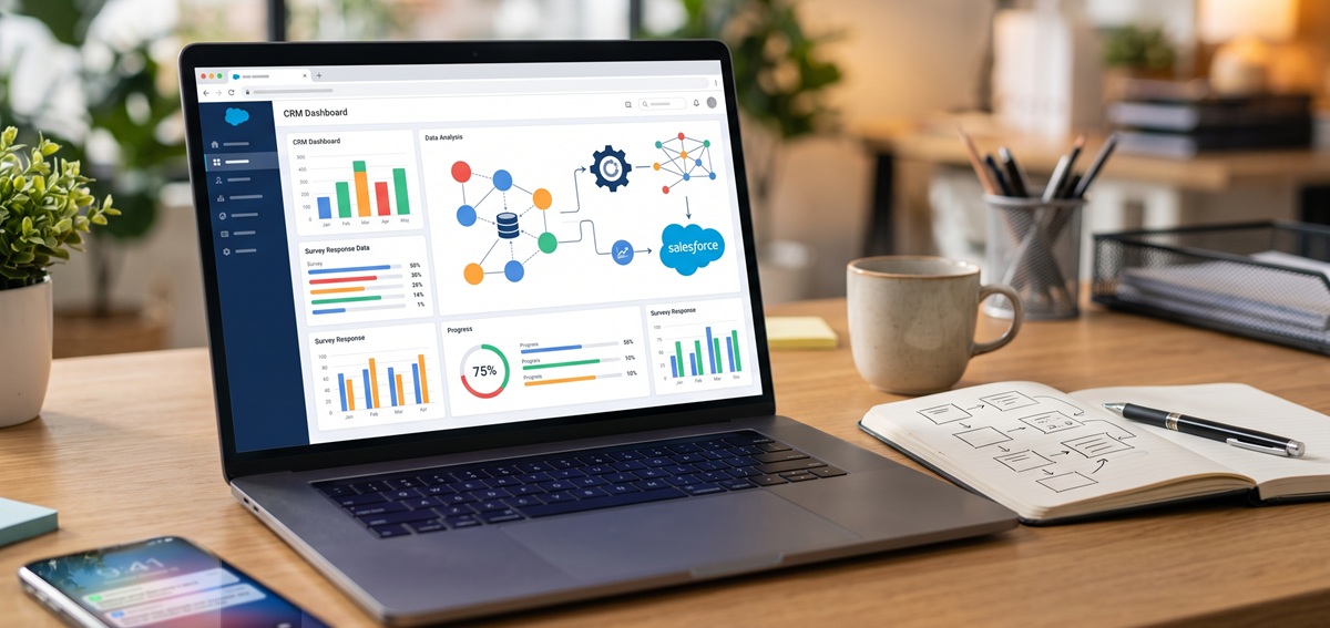 アンケート回答をSalesforceに連携しAIで分析しているイメージ画像